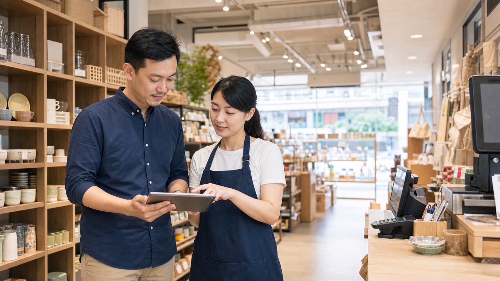 零售門市團隊以平板確認營運作業的情境示意